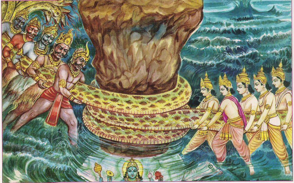 The asuras (left) and devas (right) churn the Ocean of Milk. Quelle: Wikipedia